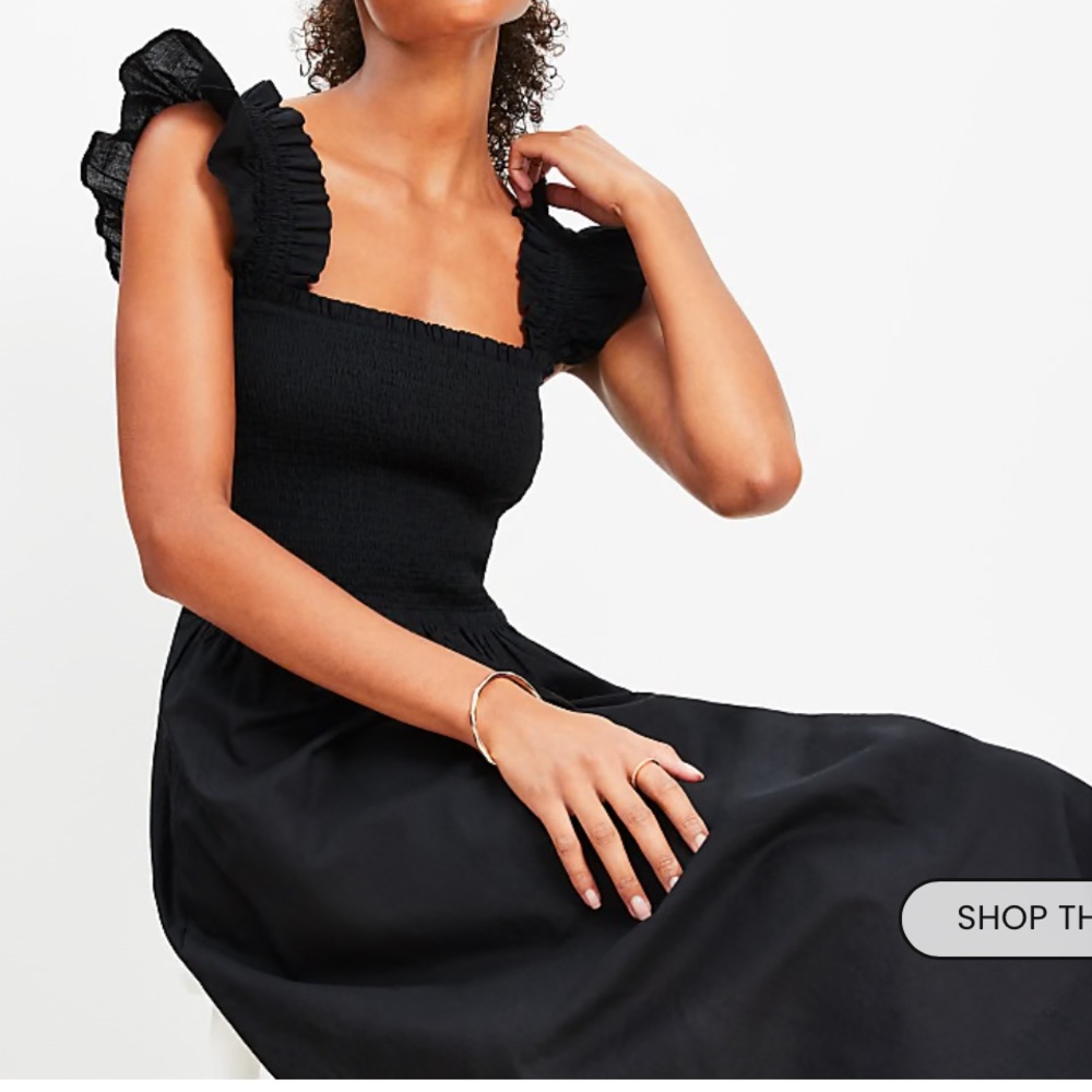 LOFT Beach Smocked Ruffle Strap Midi Pocket Dress - Black Size S